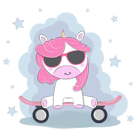 Cute magical unicorn in love on the skateboard. Graphics for t-shirts. Greeting card. Vector illustration.のイラスト素材