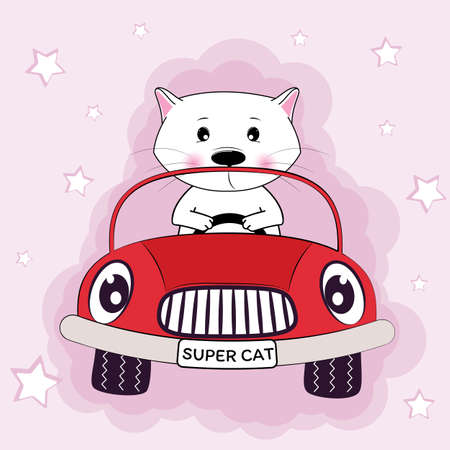 Greeting card cute cat driving a car and pink background. Illustration done in cartoon style.のイラスト素材