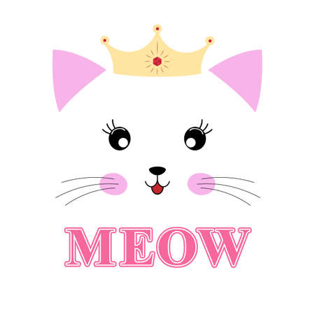 Lovely cartoon kitty princess isolated on a white background. Head of Cat with lettering word Meow.T-shirt design for kids. Greeting card. Vector illustration.のイラスト素材