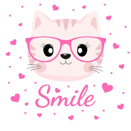 Lovely cat face in glasses with pink hearts on white background.のイラスト素材