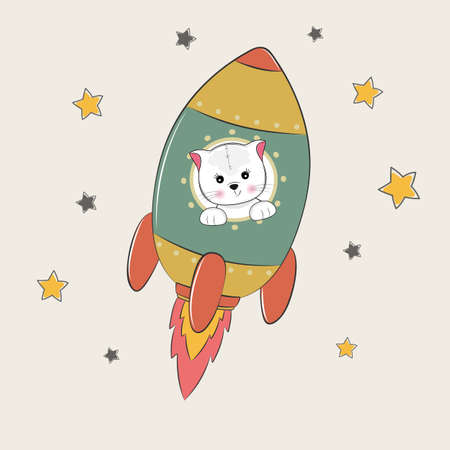 Cute funny cat astronaut flies into space. Concept for children print. Sweet kids graphics for t-shirts. Greeting card.のイラスト素材