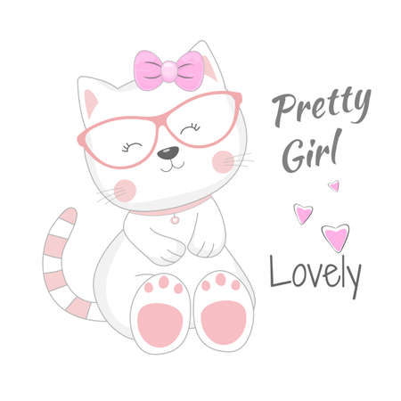 Beautiful drawn cute cats isolated on white background. Vector illustration drawn in flat style. Drawing can be applied to children's t-shirts.のイラスト素材