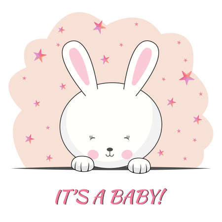 Fantasy cute rabbit face isolated on pink background. its a girl slogan. Children's graphics for t-shirts and can also be used for other. Greeting card.のイラスト素材