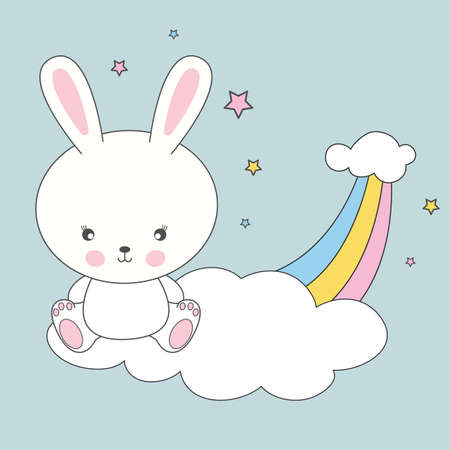 Beautiful cute rabbit sitting on a cloud and dreams of love. The background is made in the style of pink stars. Vector illustration drawn in flat style. Drawing can be applied to children's t-shirts.のイラスト素材