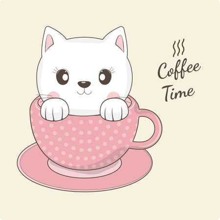 Cute cat sitting in cup of coffee Isolated on white. Sweet kids graphics for t-shirts. Greeting card. Vector illustration.のイラスト素材