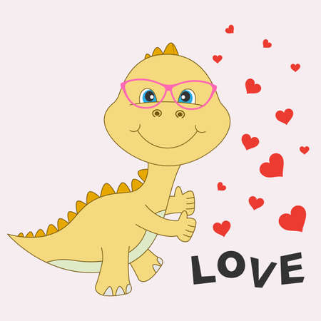 Yellow pretty and happy dinosaur baby in glasses isolated on a white background. Vector illustration drawn in flat style. Drawing can be applied to childrens t-shirts.のイラスト素材