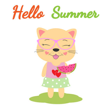 Hello summer. Beautiful cat in glasses eats watermelon isolated with white background.のイラスト素材