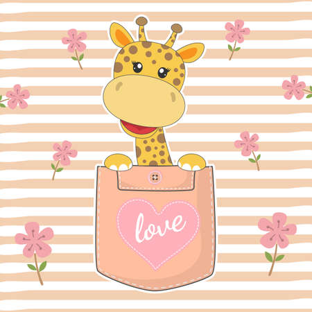 Greeting card adorable little giraffe baby in the pocket. Modern kids graphics for t-shirts. Vector illustration.のイラスト素材
