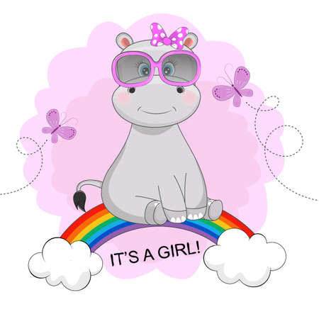 Funny happy cute hippo girl in sunglasses is sitting on a rainbow.のイラスト素材