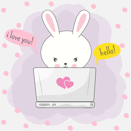 Cute cartoon bunny playing in computer game through the Internet. Graphic element for print design, greeting card, poster and t-shirt. Vector illustrationのイラスト素材
