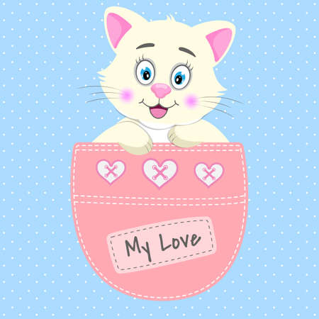 Cute cartoon baby cat sitting in a pocket and smiling fun.のイラスト素材