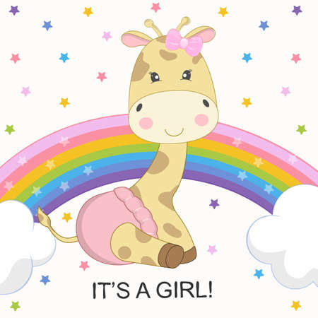 Greeting Card cute cartoon giraffe is on the rainbow isolated on a colored stars background. Graphic element for print design, poster and t-shirt.のイラスト素材