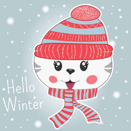 Cute little cartoon kitty in knitted cap and scarf. Modern flat poster for prints, kids cards, t-shirts and other. Vector illustration. Greeting card.のイラスト素材