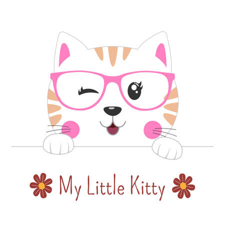 Cute beautiful cartoon face cat in glasses. Vector illustration.のイラスト素材