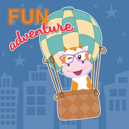 Cute cartoon cow on balloon ride and slogan fun adventure. Modern flat poster for prints, kids cards, t-shirts and other. Greeting card. Vector illustration.のイラスト素材
