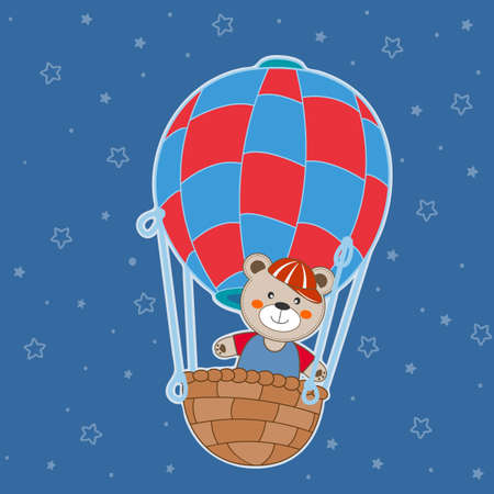 Cute cartoon bear teddy balloon ride. Modern flat poster for prints, kids cards, t-shirts and other. Greeting card. Vector illustration.のイラスト素材