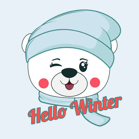 Happy cartoon little bear in knitted blue cap and scarf.のイラスト素材