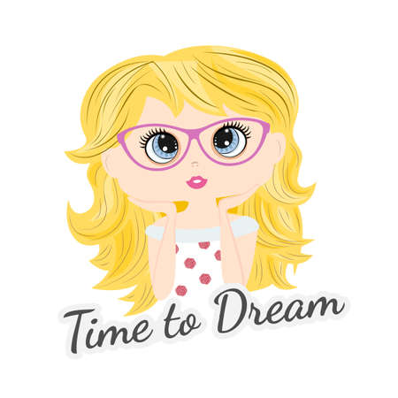 Lovely beautiful little girl isolated in sunglasses on a white background. Time to dream. Graphic element for fashion print design, greeting card, cover, poster and t-shirt. Vector illustration.のイラスト素材