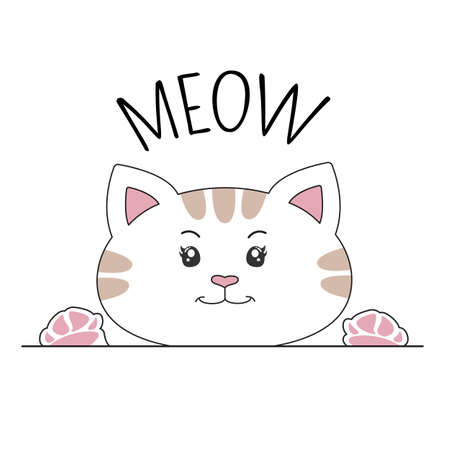Happy cartoon kitty and inscription meow. Graphic element for print design, greeting card, poster and t-shirt. Vector illustrationのイラスト素材