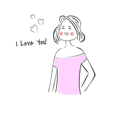 Hand-drawn beautiful girl smiling with hearts. Greeting card. Vector illustration.のイラスト素材