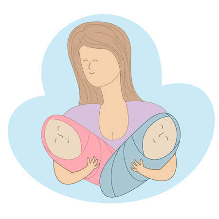 Greeting card mothers day hand drawn. Mom holds two babies. Vector illustration for banner and poster.のイラスト素材