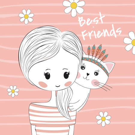 Greeting card cartoon, kitten sits on a girl shoulder. Graphic element for kids, greeting card, cover, poster and t-shirt. Vector illustration.のイラスト素材
