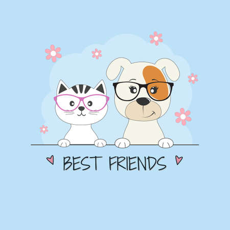 Greeting card, cartoon cat and dog best friends isolated on a blue background. Funny animals baby puppy and kitty. Vector illustration.のイラスト素材