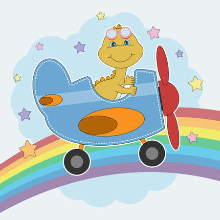 Cute cartoon dinosaur pilot flying on airplane. flat clipart. Modern poster for prints, kids cards, t-shirts and other.Vector illustration.のイラスト素材