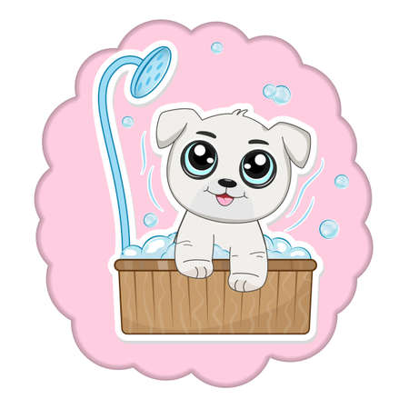 Cute cartoon dog taking a bath full of soap foam.のイラスト素材