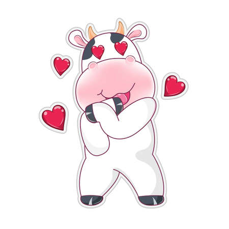Cute cartoon lovely cow with red hearts isolated on a white background.のイラスト素材