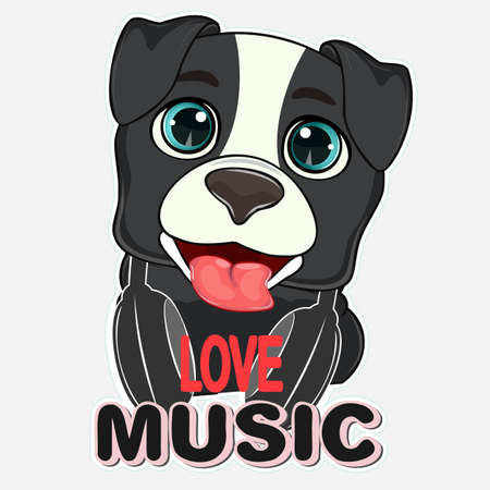 Happy cartoon dog love music. Vector illustration.のイラスト素材