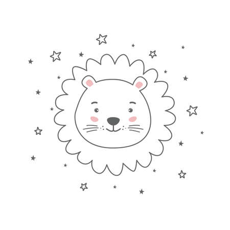 Young cute cartoon head lion line drawing.のイラスト素材