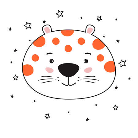 Young cute cartoon head leopard line drawing.のイラスト素材