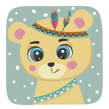 Cute Cartoon bear teddy with red indian feathers.のイラスト素材