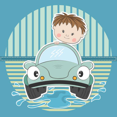 Cute young cartoon boy driving car. Vector illustration.のイラスト素材