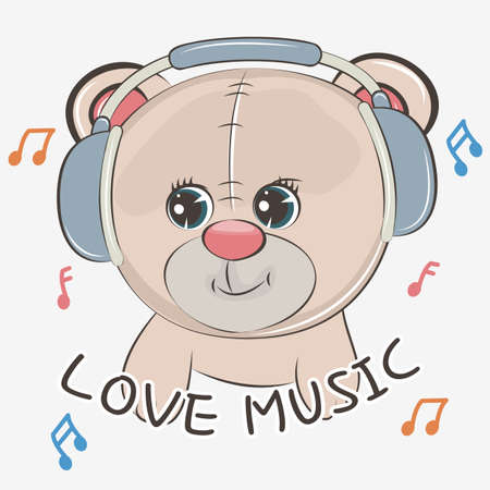 Cute cartoon bear baby wearing headphones and listening to music.のイラスト素材