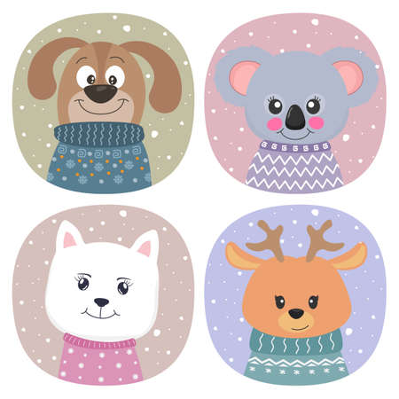 Cute cartoon animals dog,koala, cat and deer flat style.のイラスト素材