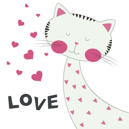 Cute cartoon cat, illustration with text Love.のイラスト素材