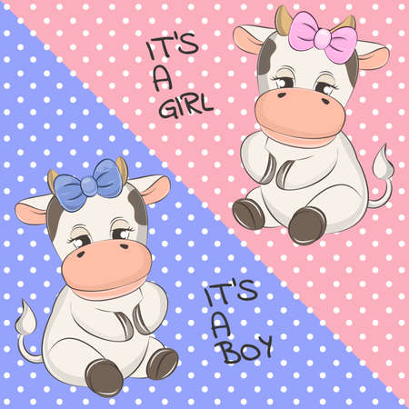 Adorable Cartoon baby Cow boy and girl.のイラスト素材