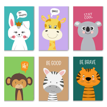 Cute cartoon characters animals rabbit and bunny, giraffe and tiger.のイラスト素材