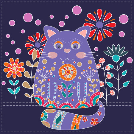 Cute cat is decorated with flowers. Comic retro character.のイラスト素材