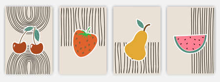 Big Set abstract posters with fruits in pastel colors.のイラスト素材