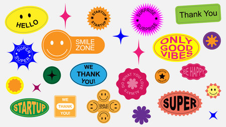 Big set modern cute smiling cartoon label stikers shape.のイラスト素材