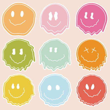 Big set of distorted melting colored smiley emoticons.のイラスト素材