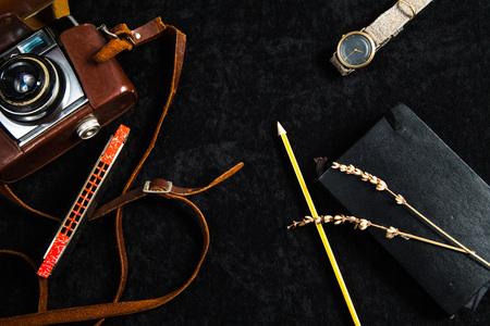 Several objects in relation with travel to writien and photography scene for a hipster vintage personalityの写真素材