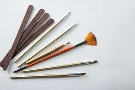 Makeup brushes on a white background. Top view. Flat lay.の写真素材