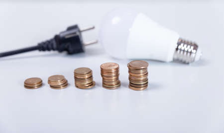 power plug, energy-saving bulb and coins. Electricity price, green energy, energy shortages