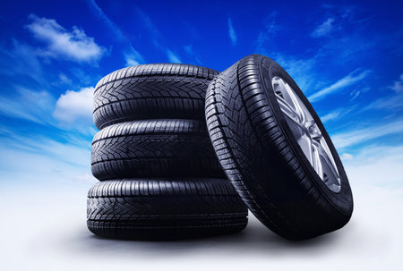 Tyre wheels on sky backgroundの写真素材