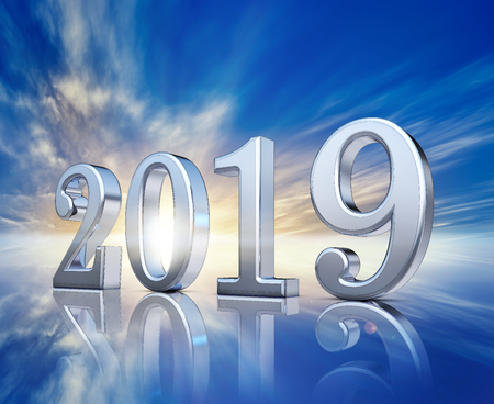 3D rendering of an 2019 symbol against a sunsetの写真素材