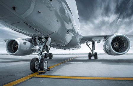 modern airliner of an airfieldの写真素材
